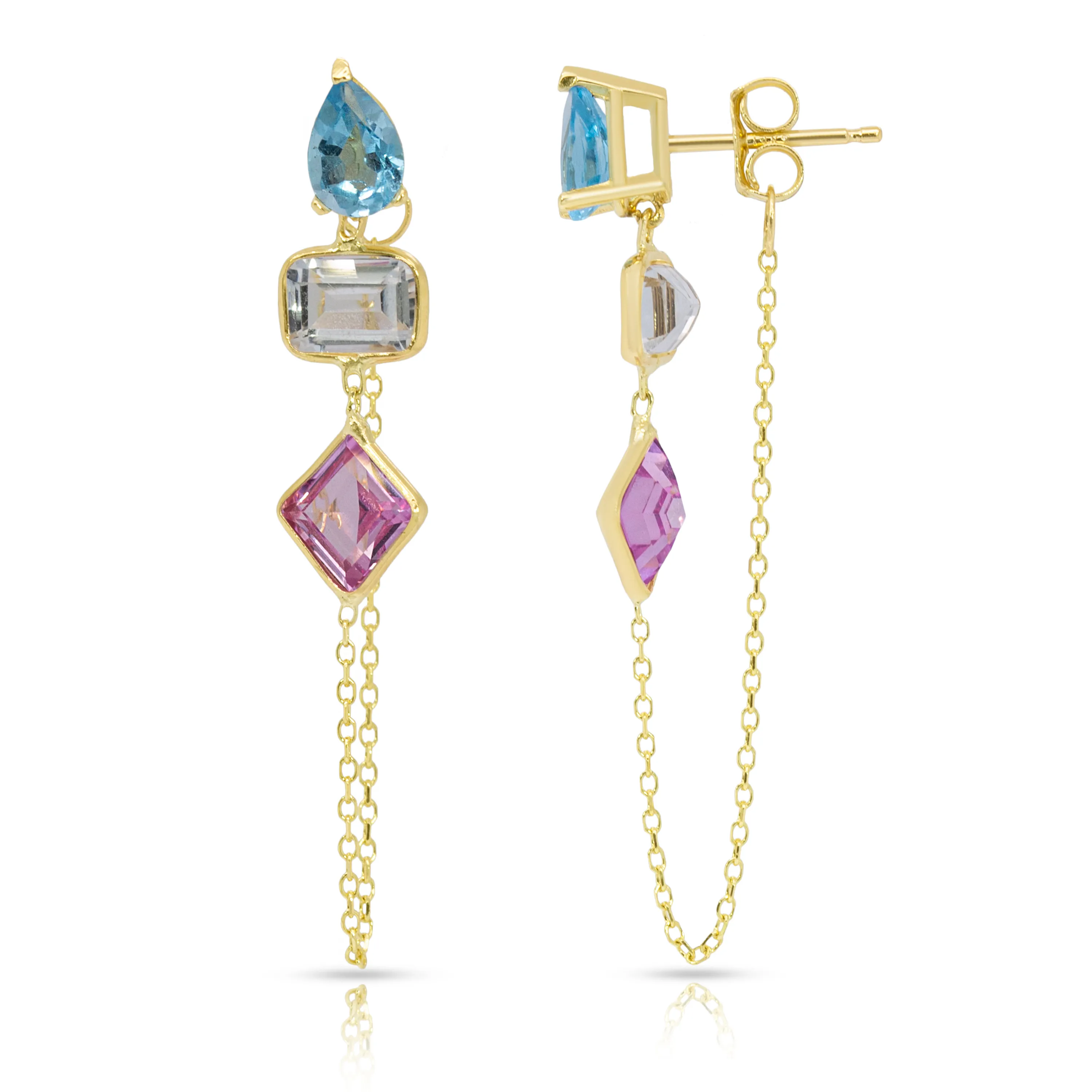 14K Yellow Gold Drop, Emerald And Princess Cut Blue Topaz, White And Pink Gemstones Chain Studs